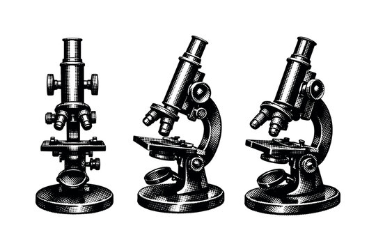 Antique brass microscope scientific instrument showing a classic monocular brass laboratory microscope with focusing knobs and round base presented in three