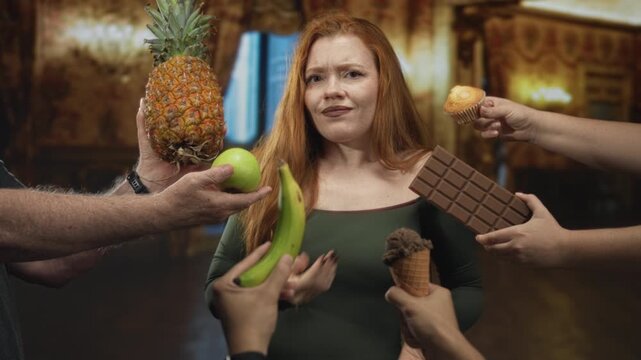 Woman shrugs palms up as multiple hands offer pineapple, banana, apple, chocolate and ice cream in a studio; temptation choice indecision.