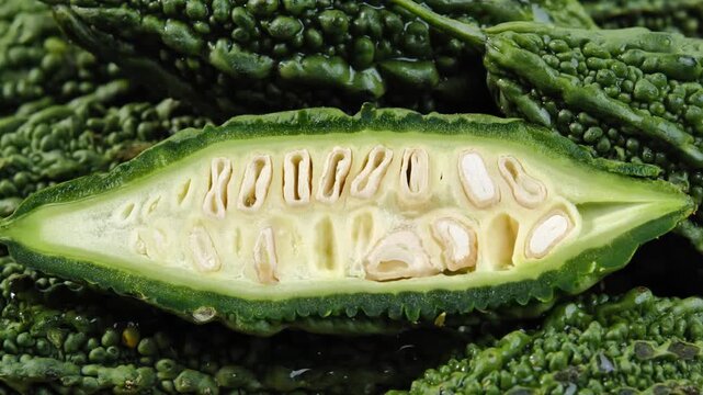 Green bitter melon in a basket.
