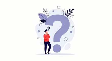 A man in a red shirt stands thoughtfully next to a large purple question mark, surrounded by leaves and abstract shapes in a Vector Flat Design Ilustration with a clean white background. © denijulianto