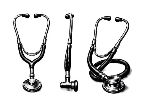 Vintage medical stethoscope device showing a classic early metal binaural stethoscope with rubber tubing and round chest piece presented in three views: front,