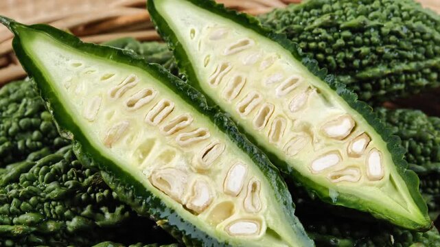 Green bitter melon in a basket.
