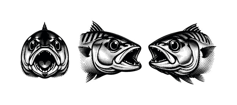 Mackerel head, detailed mackerel head with open mouth and visible gill covers shown from front view, side profile, and three-quarter angle with realistic