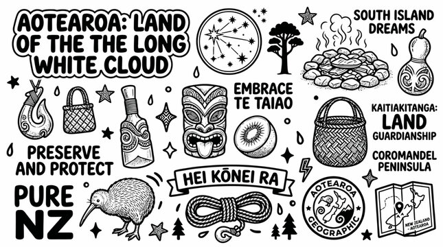 Aotearoa New Zealand Doodle Art: Culture, Nature, and Kiwi Icons
