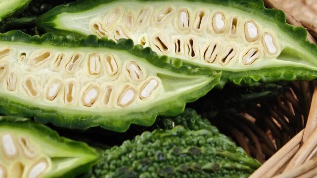 Green bitter melon in a basket.