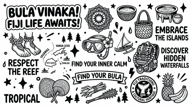 Fiji Tropical Lifestyle Elements Doodle Art - Bula Vinaka!