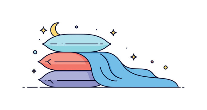 Nighttime rest concept with layered pillows and a flowing blanket edge creating a gentle wave shape. The scene reflects softness, quietness, and emotional