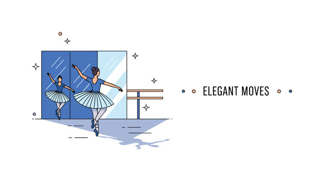 Evening ballet rehearsal scene with a dancer facing a mirrored wall, softly lit studio and gentle floor shadows. A subtle ?Elegant Moves? caption and minimal