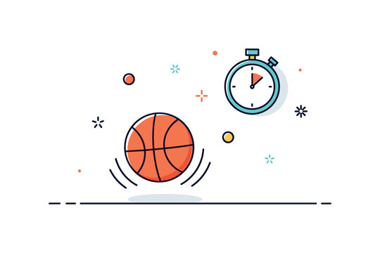 Basketball practice drill featuring a bouncing ball with minimal floor line and a subtle stopwatch icon nearby. The scene conveys endurance, rhythm, and