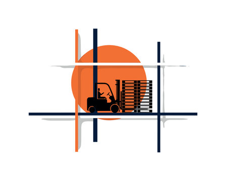 A monochrome loading dock scene simplified into strong geometric forms, forklift silhouette and stacked pallets framed by intersecting linear elements,