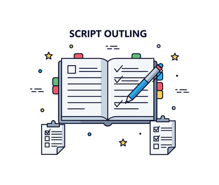 Script outlining concept shown as an open notebook divided into simple sections with a pen marking key points, symbolizing structure and story organization.
