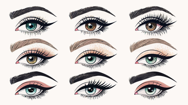 Vector makeup artist practice eyes with various eye makeup styles and techniques for beauty and cosmetics