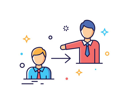 Mentorship connection experienced professional icon guiding a smaller avatar with arrow symbol between them, expressing knowledge sharing and career