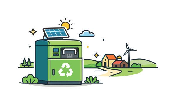 Solar powered waste compactor in rural landscape a compact unit with a small solar panel quietly reducing trash volume near a remote settlement. The scene