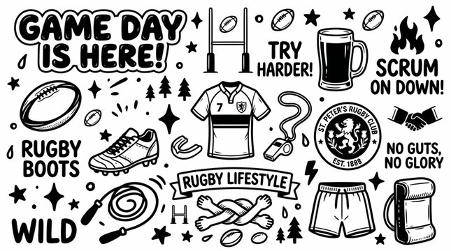 Rugby Game Day Doodle Collection - Sport Icons and Quotes