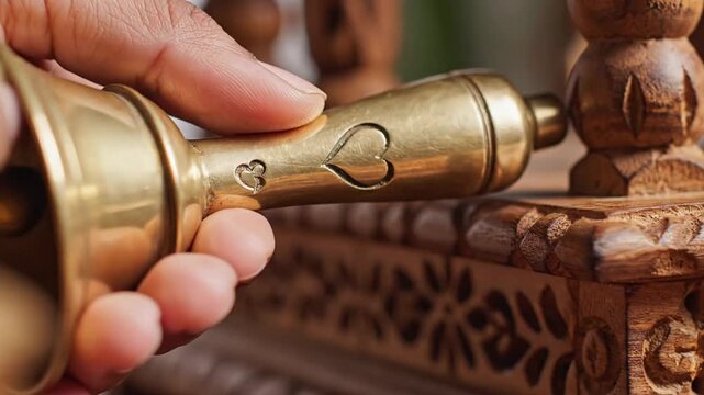 Close up of a hand holding a brass bell with a heart engraving and decorative wooden stand in soft natural light indoors