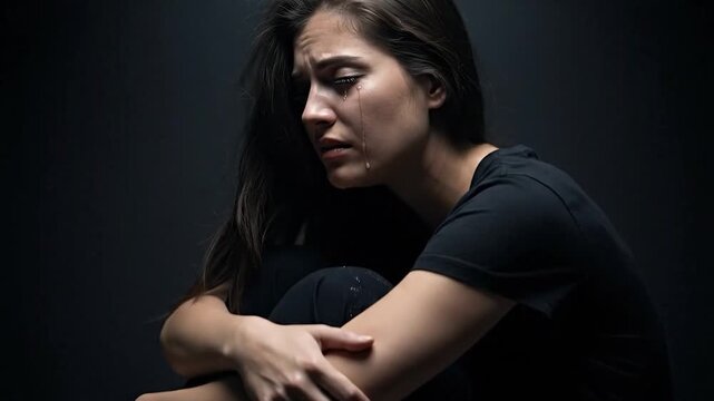 Woman sitting alone in darkness.