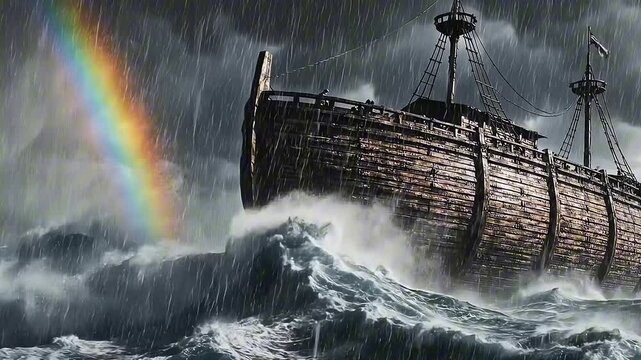 Ancient Wooden Ark Navigating Stormy Seas with Rainbow