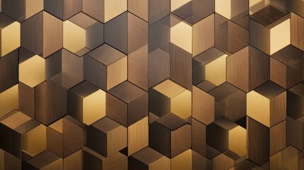 Obraz premium Realistic 3D texture background of a mosaic pattern with wood tones and gold accents, ideal for creating a luxurious wall covering effect in digital or print media.