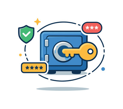 Password manager a secure vault icon with a key sliding into place while small password symbols and shield elements orbit around it, expressing the idea of
