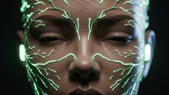 Extreme close-up of a futuristic cyborg woman with glowing green neural circuit patterns on her face and eyes. Artificial intelligence and bionic human concept.