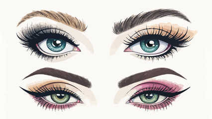 Fototapeta premium Four different eye makeup looks with various eyeliner styles and colorful eyeshadows on blue eyes