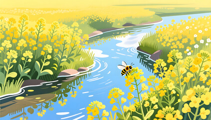 Rapeseed flowers by a crystal clear stream in spring