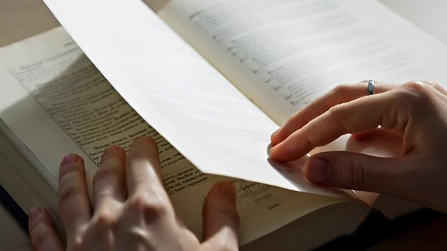 Hands turning pages of a book reading education and knowledge concept