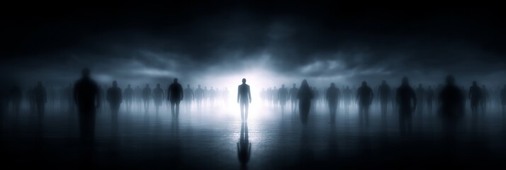 Fototapeta premium Leading illuminated figure facing challenging future. Illuminated man standing out from dark crowd, representing leadership and a new path