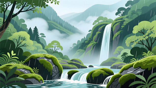 Misty spring rain over waterfalls in the deep valley