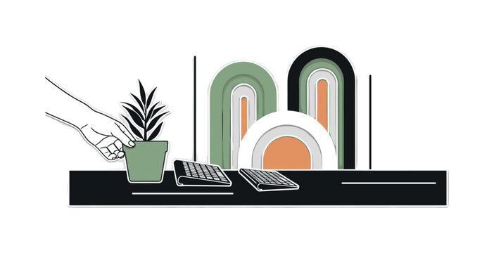 A monochrome close-up of a hand holding a serving spoon lifting stuffing, crumbs stylized as floating geometric dots and cylinders, clean linear elements