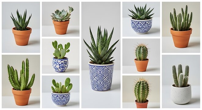 set of cactus plants in pots