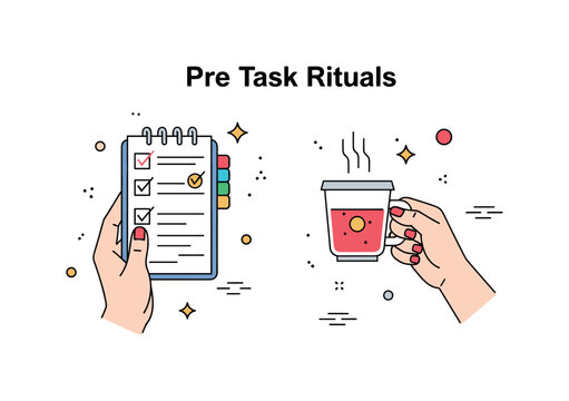 Pre-task rituals depicted by checking a digital planner or to-do list while sipping a morning beverage, emphasizing organization and readiness. Minimalist flat