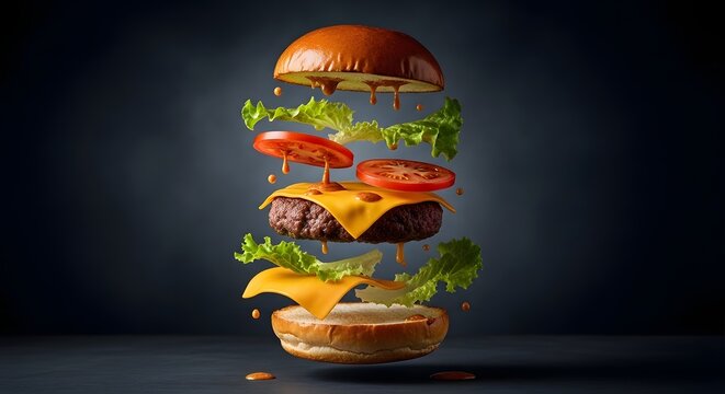 Floating hamburger components with cheese, lettuce, and tomato on dark background