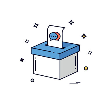 Student feedback anonymous suggestion theme centered on a simple ballot style box with a paper slip showing a small speech bubble icon. A clean editorial