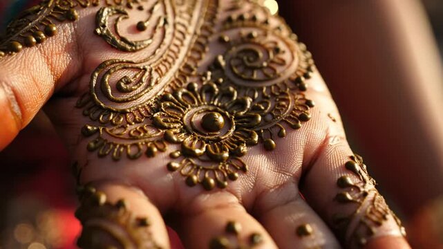 Close Up Of Intricate Henna Tattoo Art On A Woman's Hand During Daylight With Soft Natural Lighting Highlights And Blurred Red Fabric Background