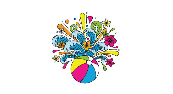 A colorful beach ball with a dynamic splash of blue water, tropical flowers, and abstract shapes exploding from it on a plain white background.