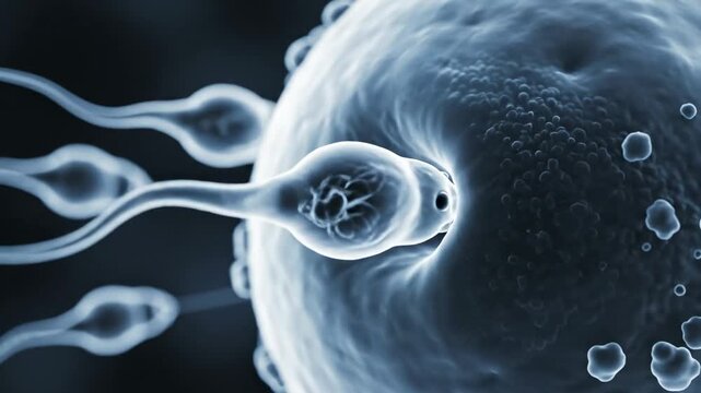 HighContrast Sperm Swarm Nearing Egg, Clinical Monochrome Visualization Highlighting Tail Dynamics, Zona Surface Texture And Multiple Sperm Trajectories, Dramatic Scientific Framing