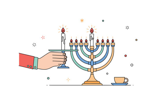 Menorah lighting ceremony featuring a hand holding the shamash candle approaching the central menorah with tiny flame highlights, expressing ritual and shared