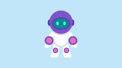 Fototapeta premium Cute cartoon robot character with purple helmet and white body on a light blue background.