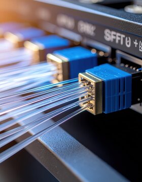 Detailed view of an SFP optical transceiver module connected to a high-speed network switch.