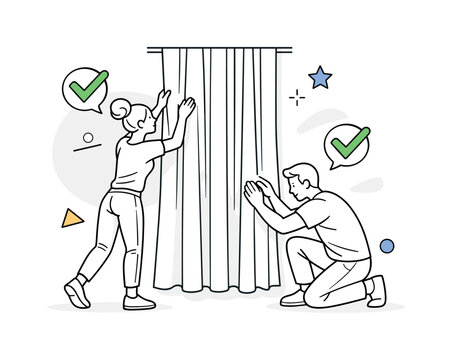 Curtain adjustment. Hands carefully straightening curtain fabric, smooth vertical lines showing alignment, small check icons nearby. Satisfying finishing touch