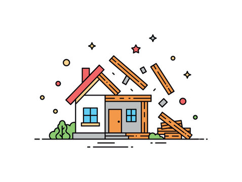 Residential house teardown concept featuring a small house icon partially dismantled with exposed beams and tidy debris shapes, reflecting property