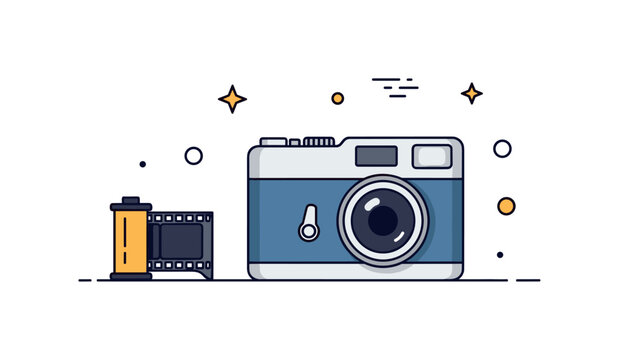 Analog photography concept featuring a compact 35mm camera with a small strip of film gently unrolling beside it. The scene conveys nostalgia, craftsmanship,