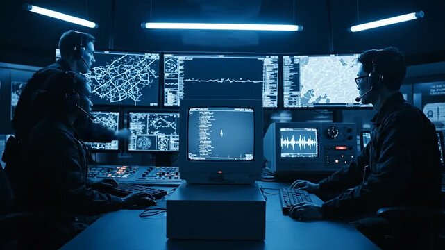 Operators analyze data on computer screens in control room