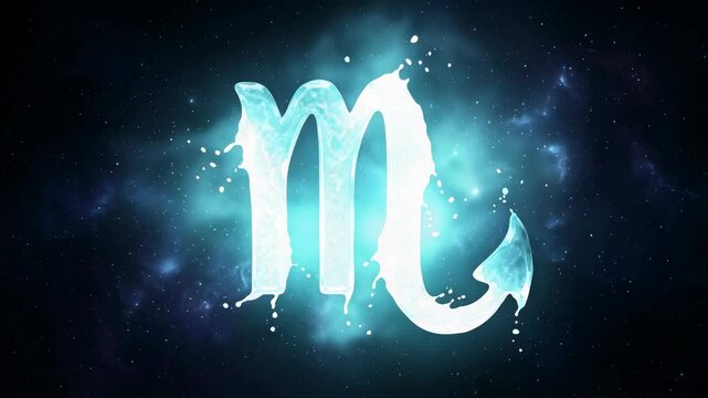 Scorpio zodiac symbol evolves with flowing water effects, highlighting bright blue tones and shimmering details against a starry cosmic backdrop
