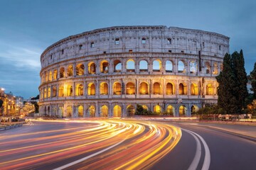 Fototapeta premium Ancient amphitheater structure illuminated against the twilight sky with traffic light trails on the foreground road
