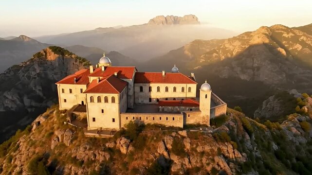 Historic hilltop building with red tiled roof under golden hour sky