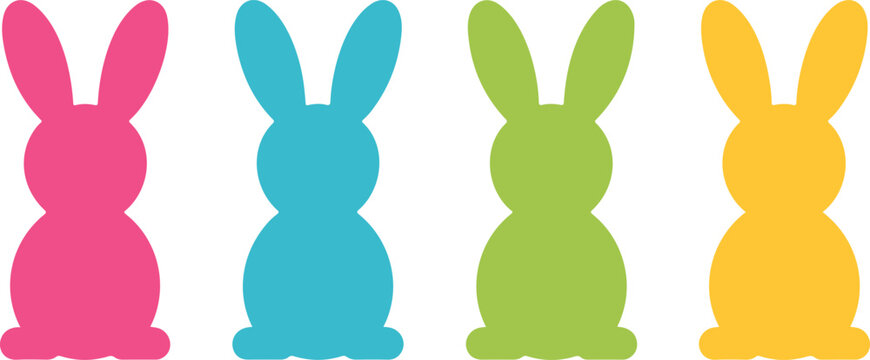 Colorful bunny silhouette set, cute rabbit icons, simple flat animal shapes, Easter decoration, spring holiday vector illustration design collection
