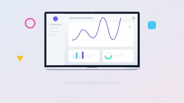 Animated laptop screen displaying data analysis and business charts.